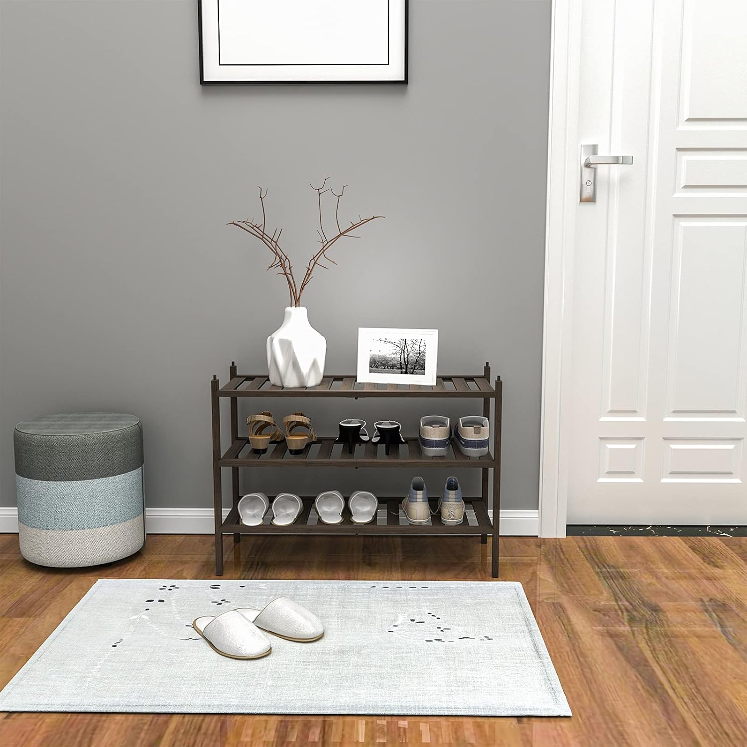 shoe rack, 3-tier bamboo stackable shelf storage organizer, stand for closet, entryway, hallway, bathroom and living room?mocha? 3 tier mocha