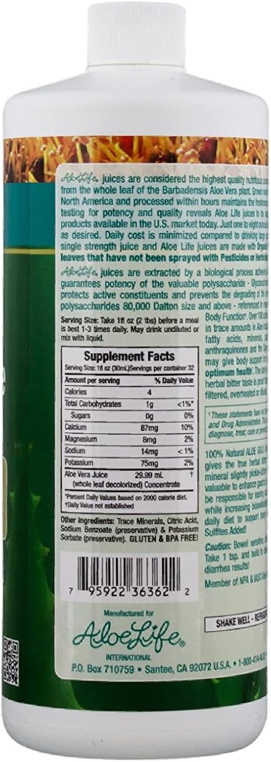 Aloe Life - Whole Leaf Aloe Vera Juice Concentrate, Soothing Relief for Indigestion, Antioxidant Catalyst, Supports Energy & Wellness, Certified Organic Aloe Leaves, Gluten-Free (Aloe Gold, 32 oz) : Health & Household