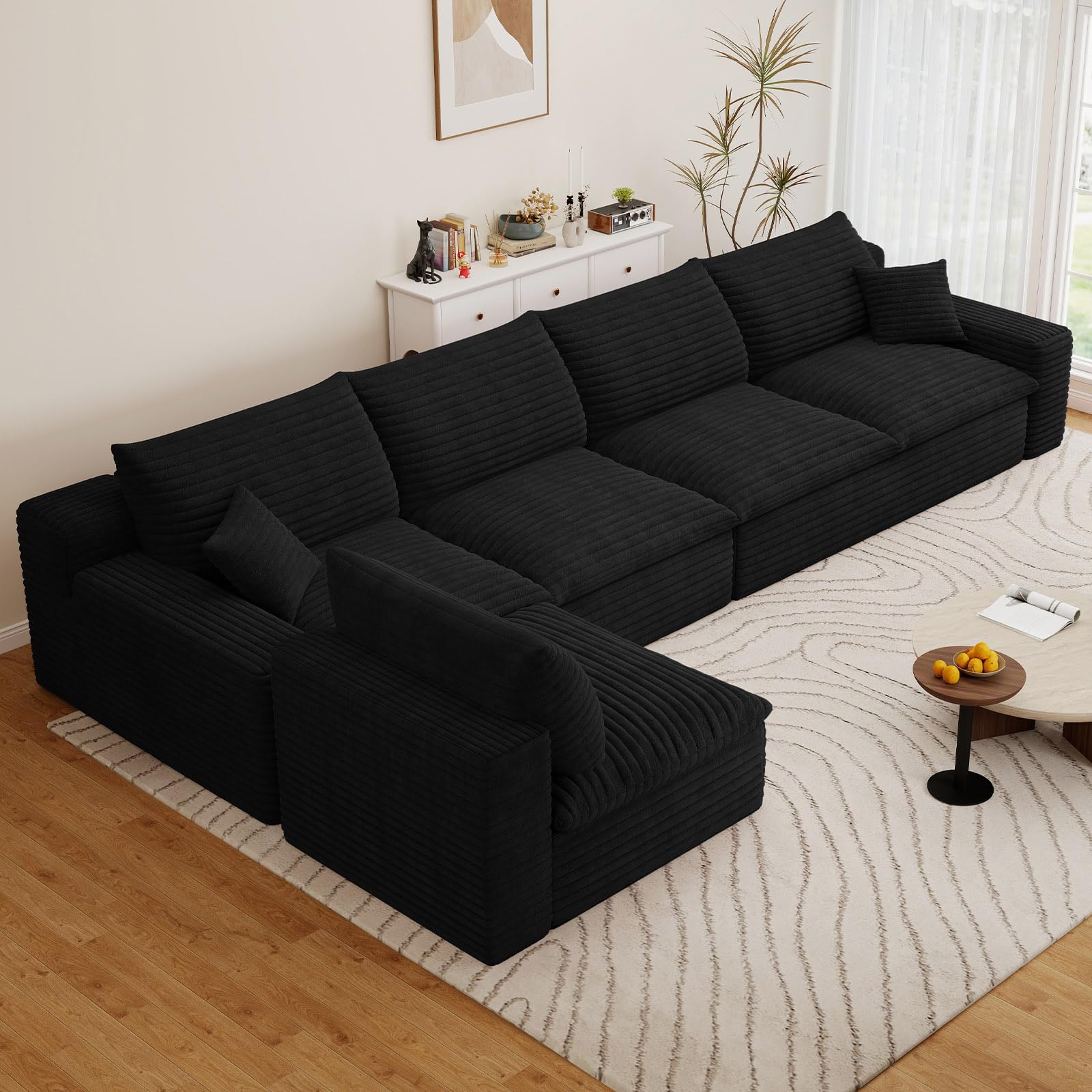 136" Cloud Couch Modular Sectional Sofa for Living Room, L-Shape Boneless Couch with Deep Seat, Modern Corduroy 5-Seater, No Assembly Required, Black