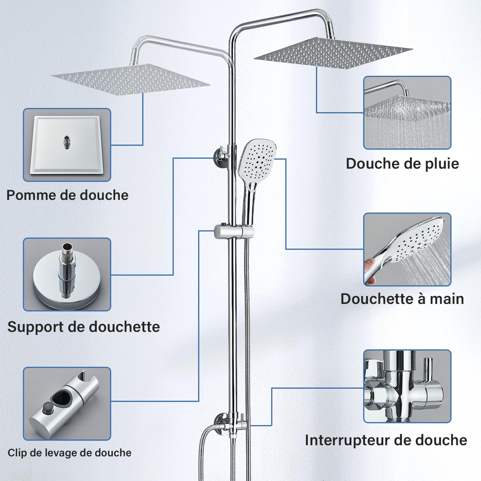 Colonne de Douche Sans Mitigeur,Colonne de Douche Chromé avec Tête de Douche Carré 30x30 CM Pour Baignoire Hauteur Réglable avec Pommeau de Douche en ABS