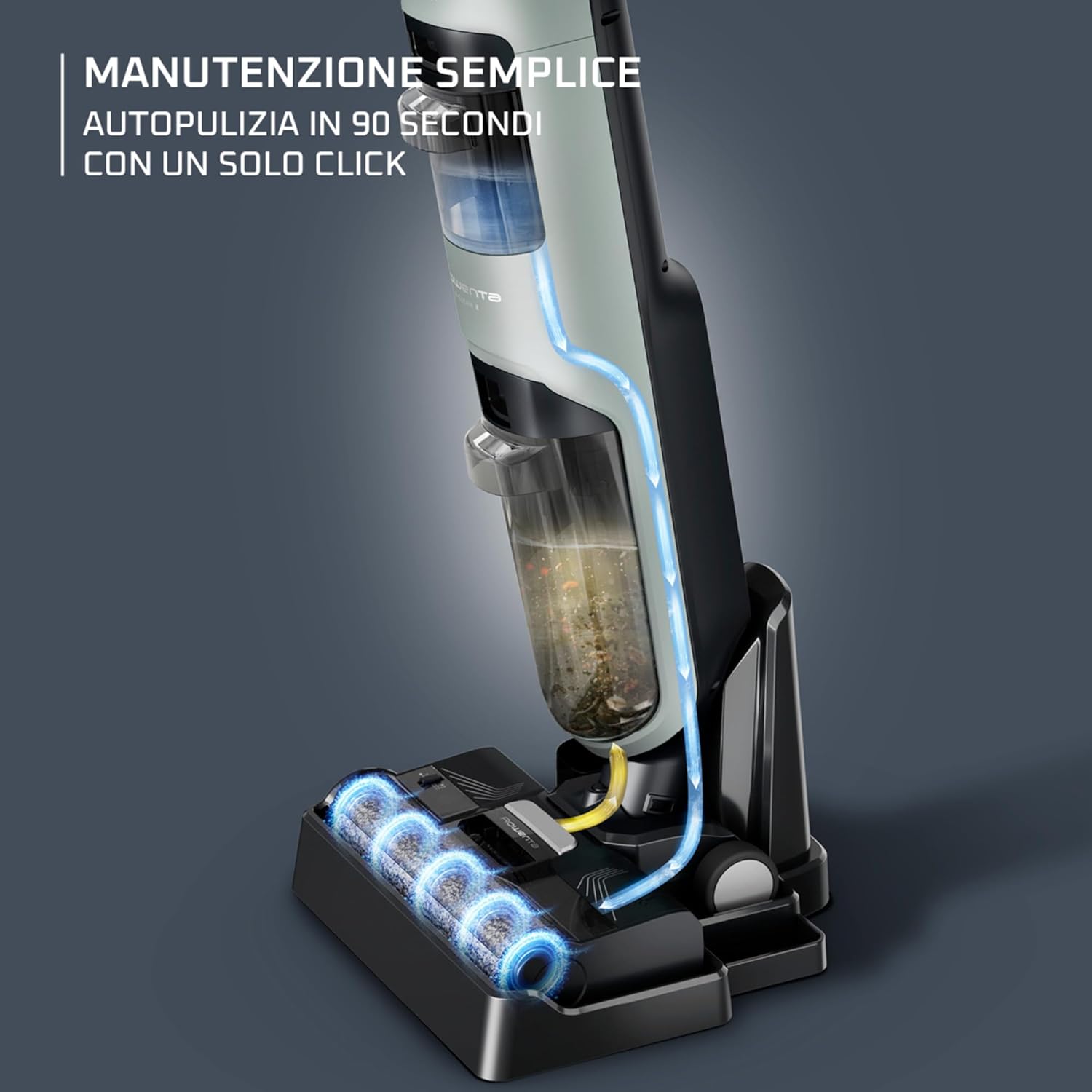 Rowenta X-Clean 2 on its charging base performing self-cleaning