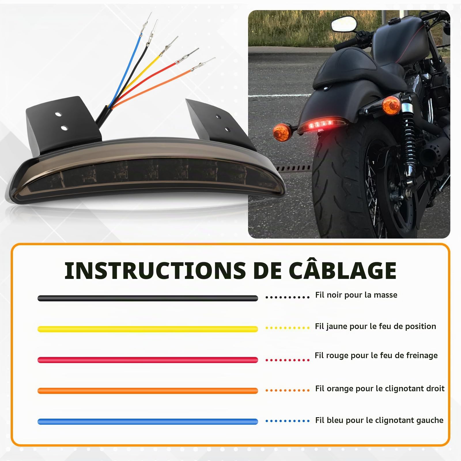DREAMIZER Feu arrière à LED de moto, clignotant, Fumée de moto hachée Plaque de bord de garde-boue arrière Feu Licence pour Sportster XL883N 1200N XL1200V XL1200X