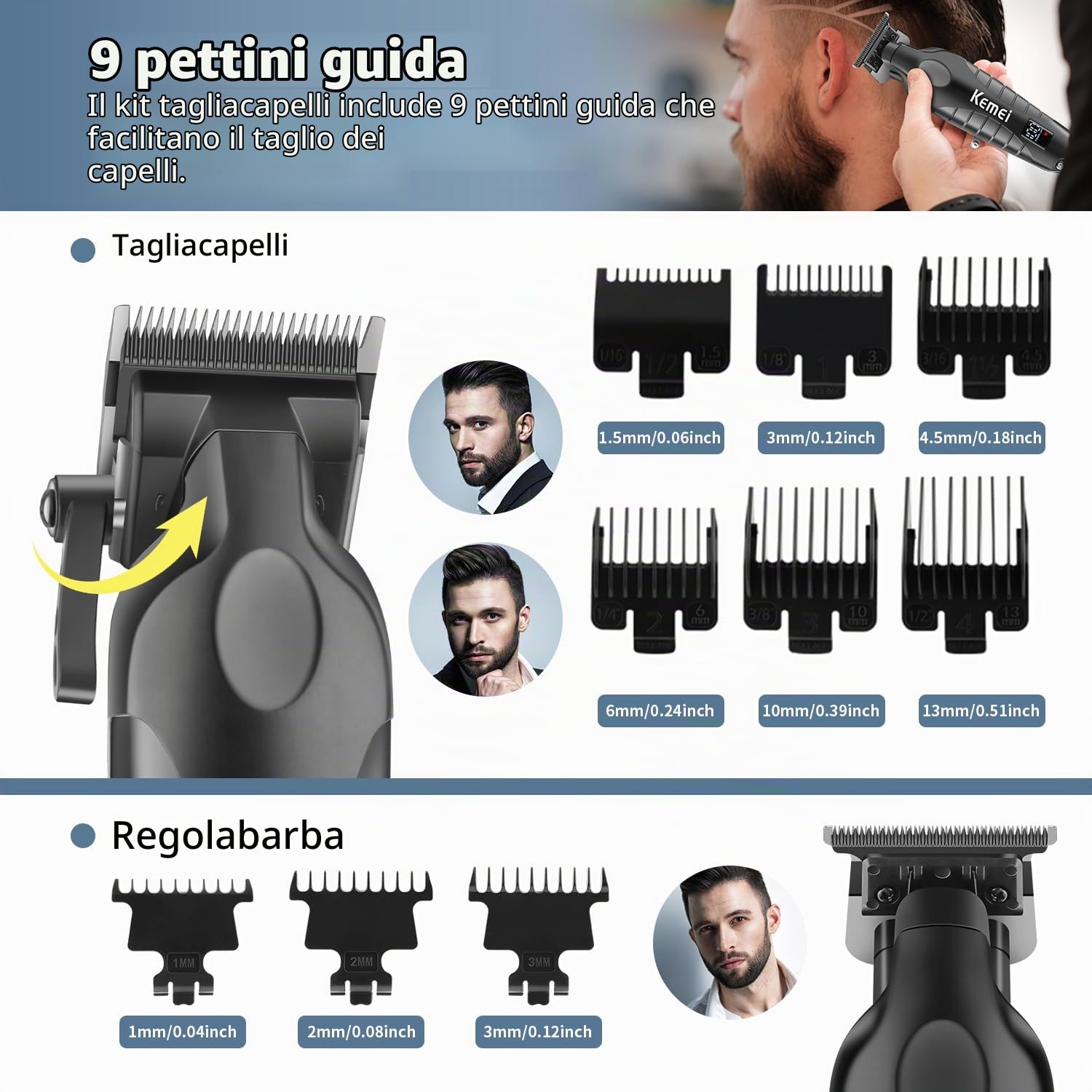 KEMEI Tagliacapelli professionale da uomo, senza fili, elettrico, lame a T, kit da rasoio, ricaricabile tramite USB, con 9 pettini di guida