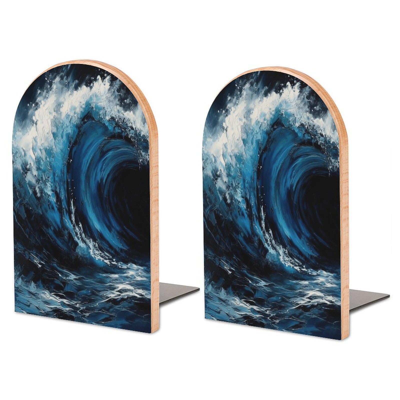 Sujetalibros con diseño de ondas azules decorativo y moderno en madera con base metálica fuerte