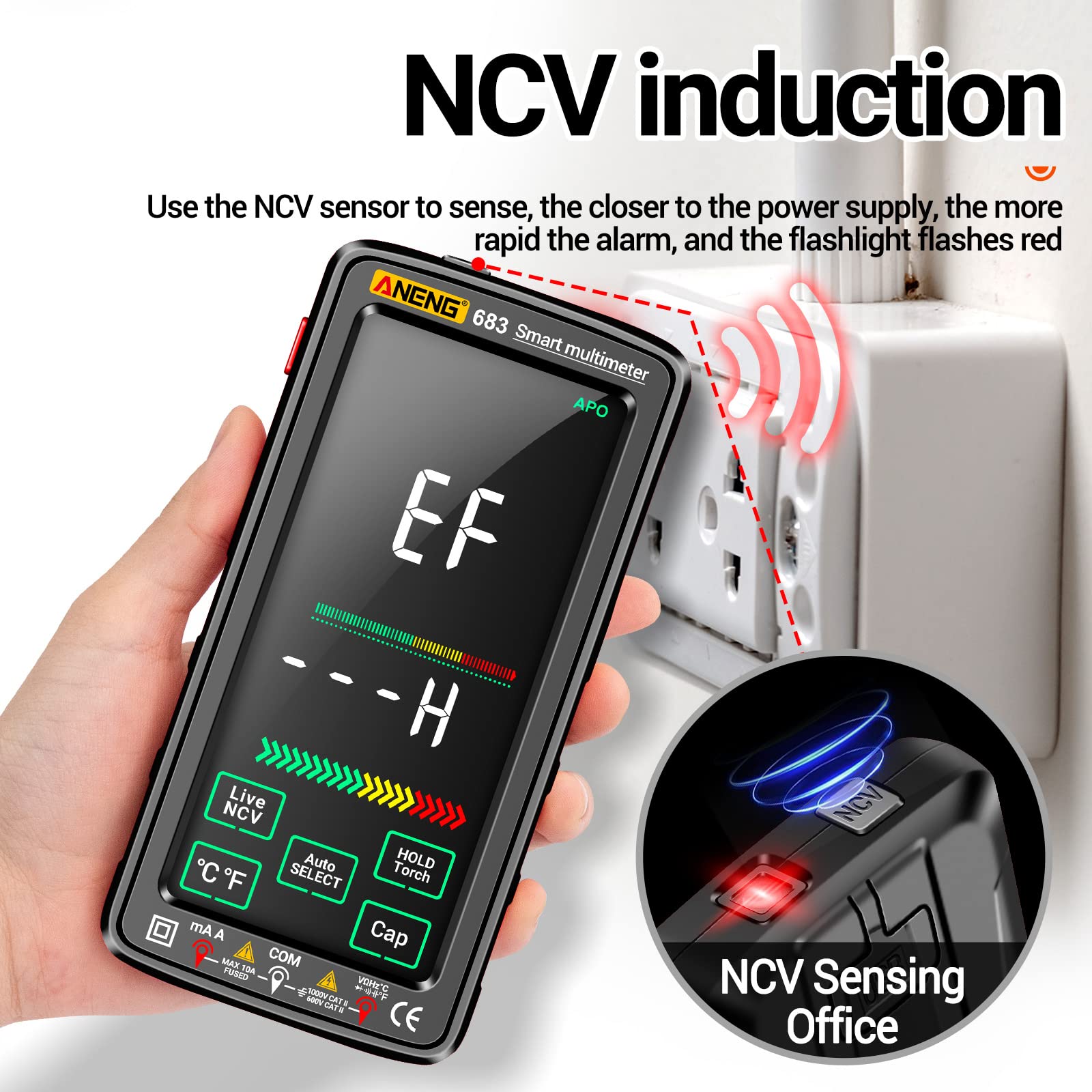 6000 Counts Grand Écran Tactile Multimètre Numérique Intelligent Anti-Burn Rechargeable Compteur Universel VA Reverse Display NCV Testeur avec Lampe de Poche pour Tension Courant Résistance
