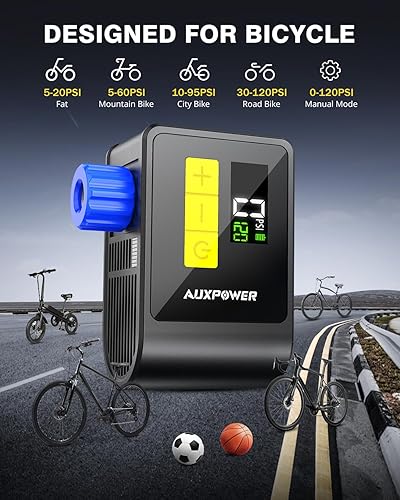 Miniatura 4 de Auxpower BL03 Bicycle Pump with Pressure Gauge, 120PSI Electric Bike Pump with Presta and Schrader Valve, Auto Stop, Outdoor Camping Cycling Pump