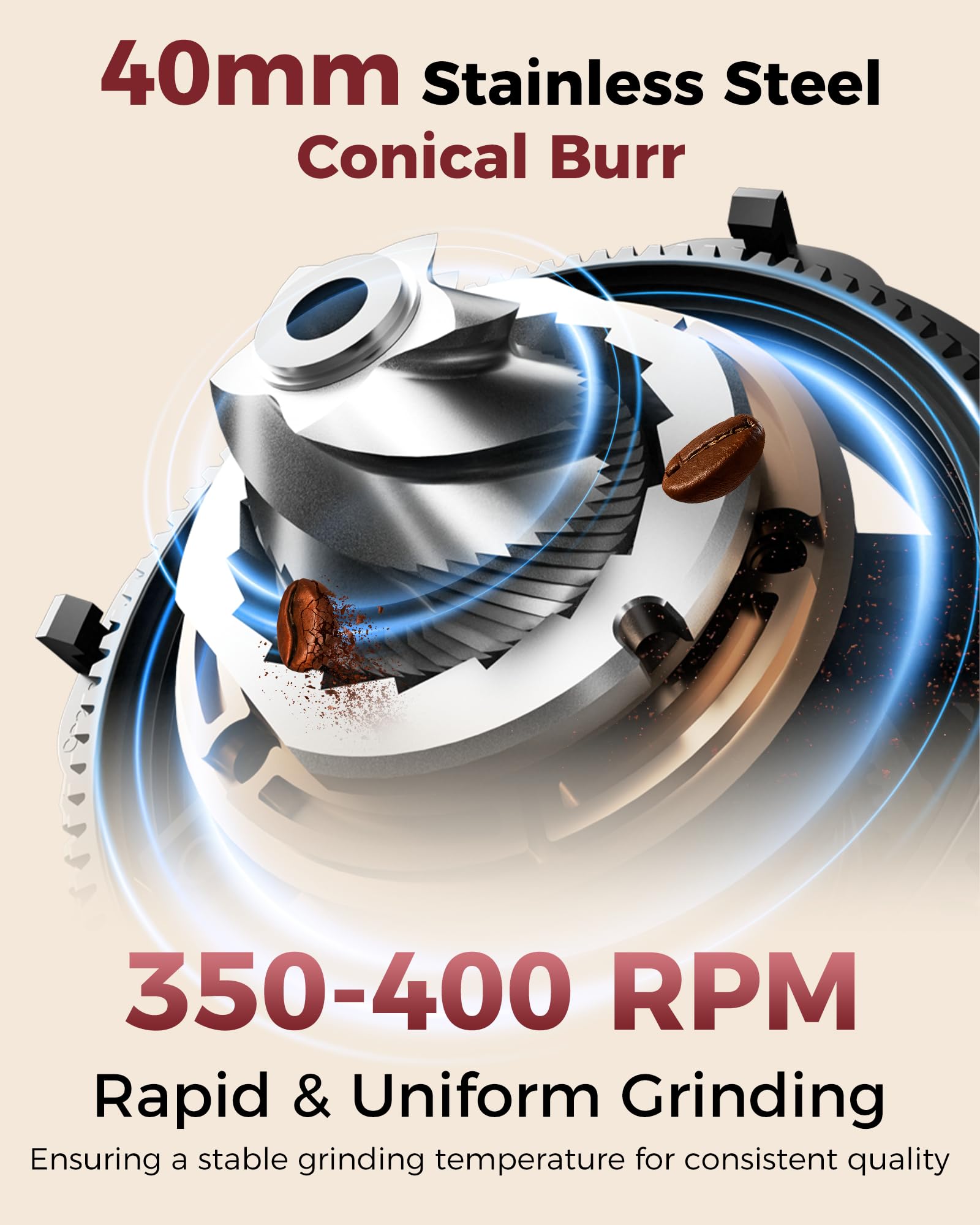Tuni G2 Conical Burr Coffee Grinder, 70 Grind Settings, Stainless Steel | Electronic Anti-static Burr Grinder with Precision Timer LED Touchscreen for Espresso/Drip/Cold Brew/French Press, Silver