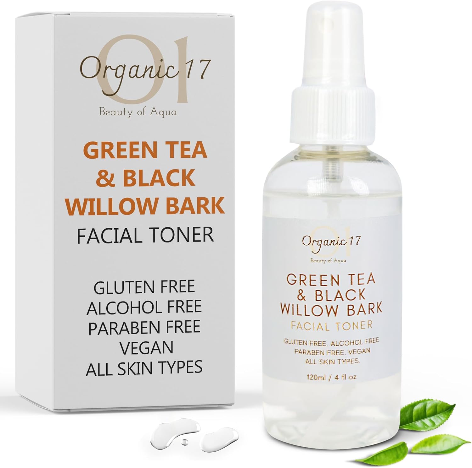 Hydrating Toner Spray for Face – Green Tea & Black Willow Bark, Alcohol-Free, Paraben-Free, Soothing & Clarifying for All Skin Types – 120ml/4oz