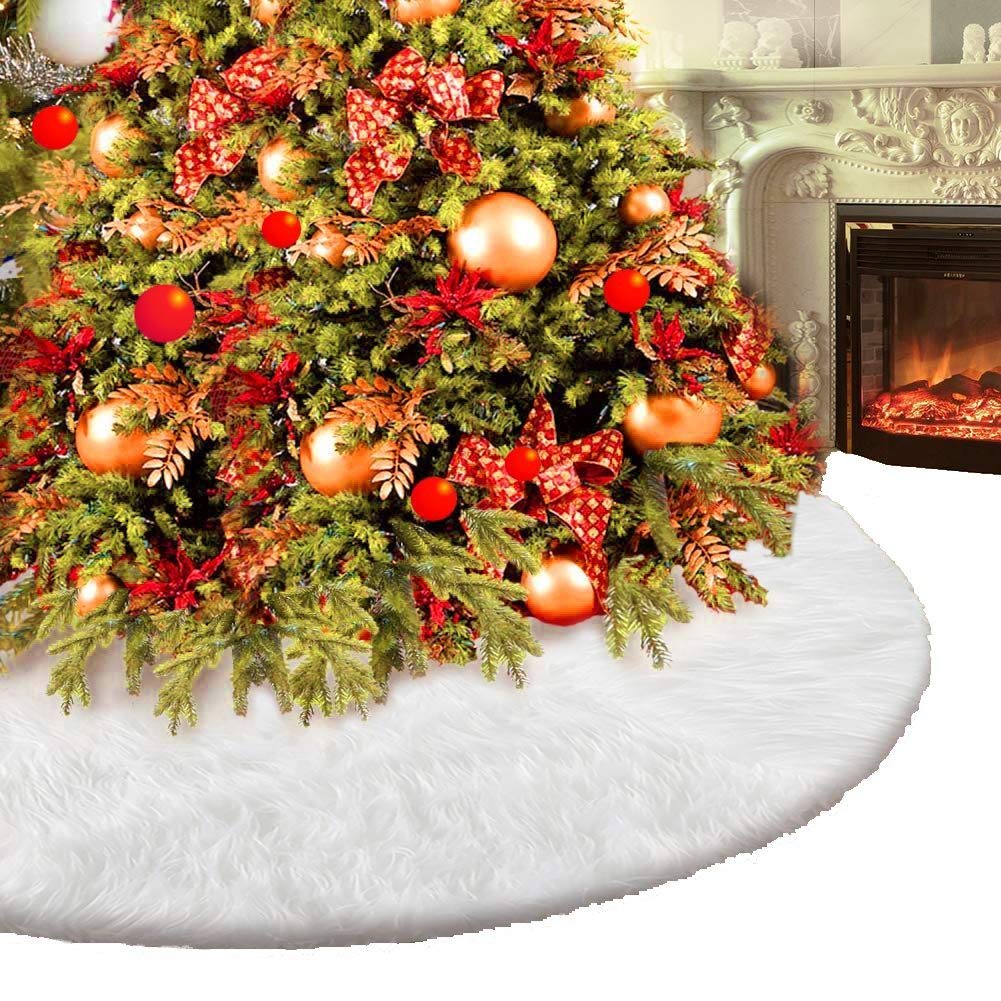 FABSELLER Plush Christmas Tree Skirt Decoration White Xmas Tree Skirt Merry Christmas Holiday New Year Party Supplies Home Decoration, 36in