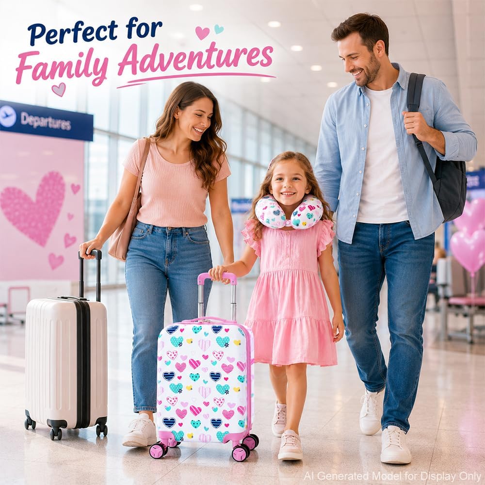 Girls Luggage Set, 2-Piece Hard-shell 16 Inch Spinner Kids Suitcase, Expandable Carry-On with Lovely Heart Design & Neck Pillow