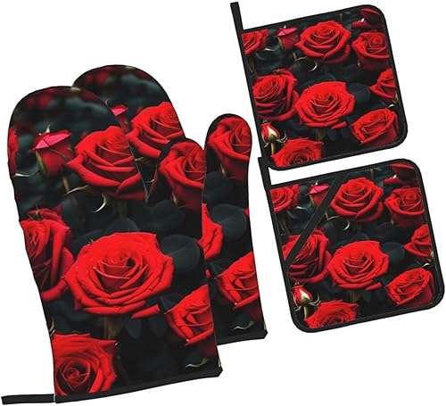 Miniatura 2 de Juego de manoplas y salvamanteles antideslizantes para horno y salvamanteles con diseño de rosas rojas, resistentes al agua, para hornear a la