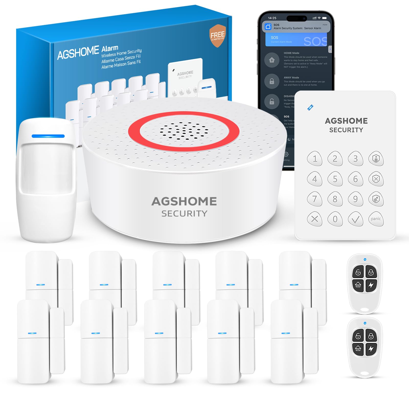 AGSHOME F-15pack Wireless Home Alarm System components including base station, keypad, door/window sensors, motion sensor, and remote controls.