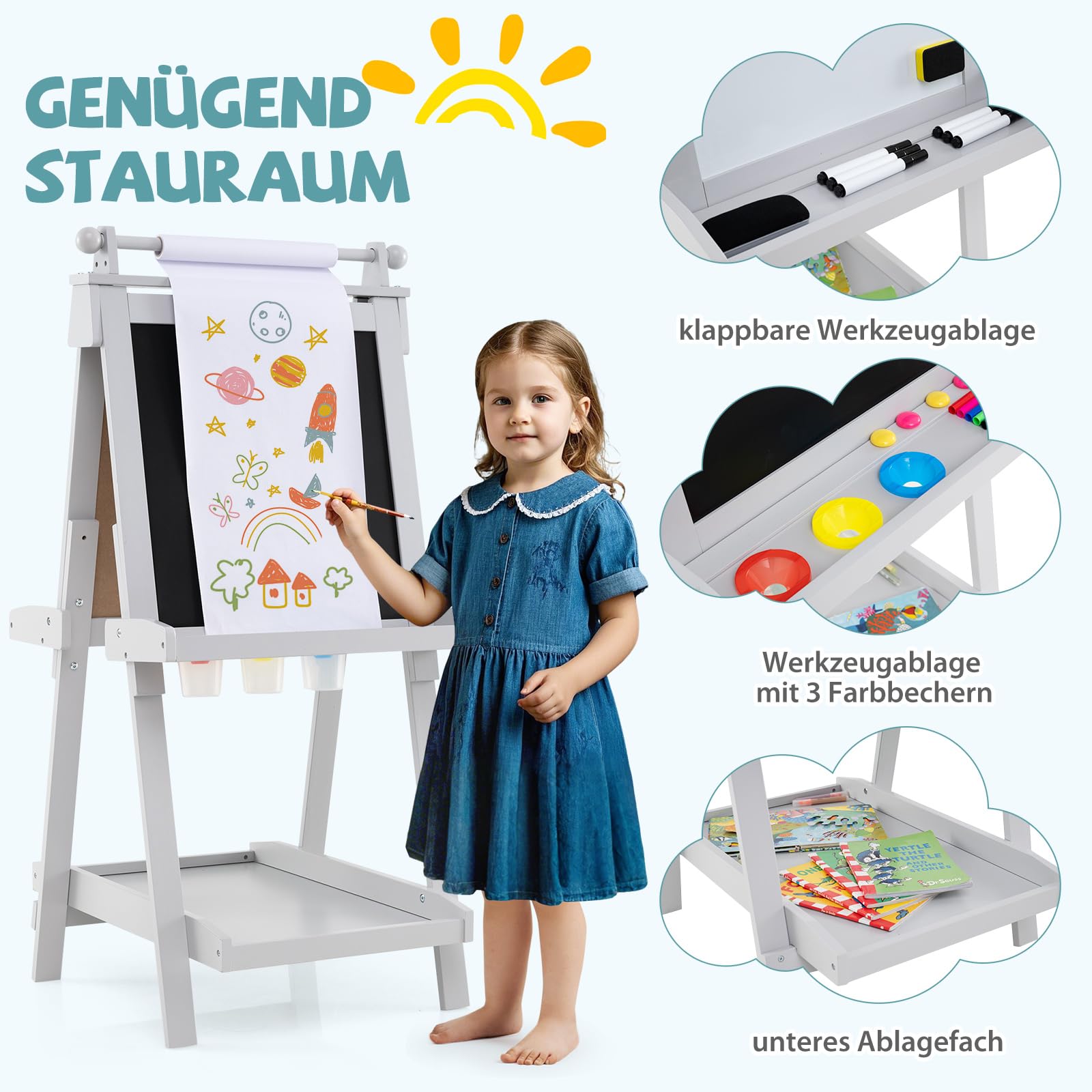 COSTWAY Tablica dla dzieci, składana sztaluga z regulacją wysokości z białą tablicą i tablicą magnetyczną, dwustronna tablica dziecięca z rolką papierową i 3 miseczkami do malowania, składana tablica