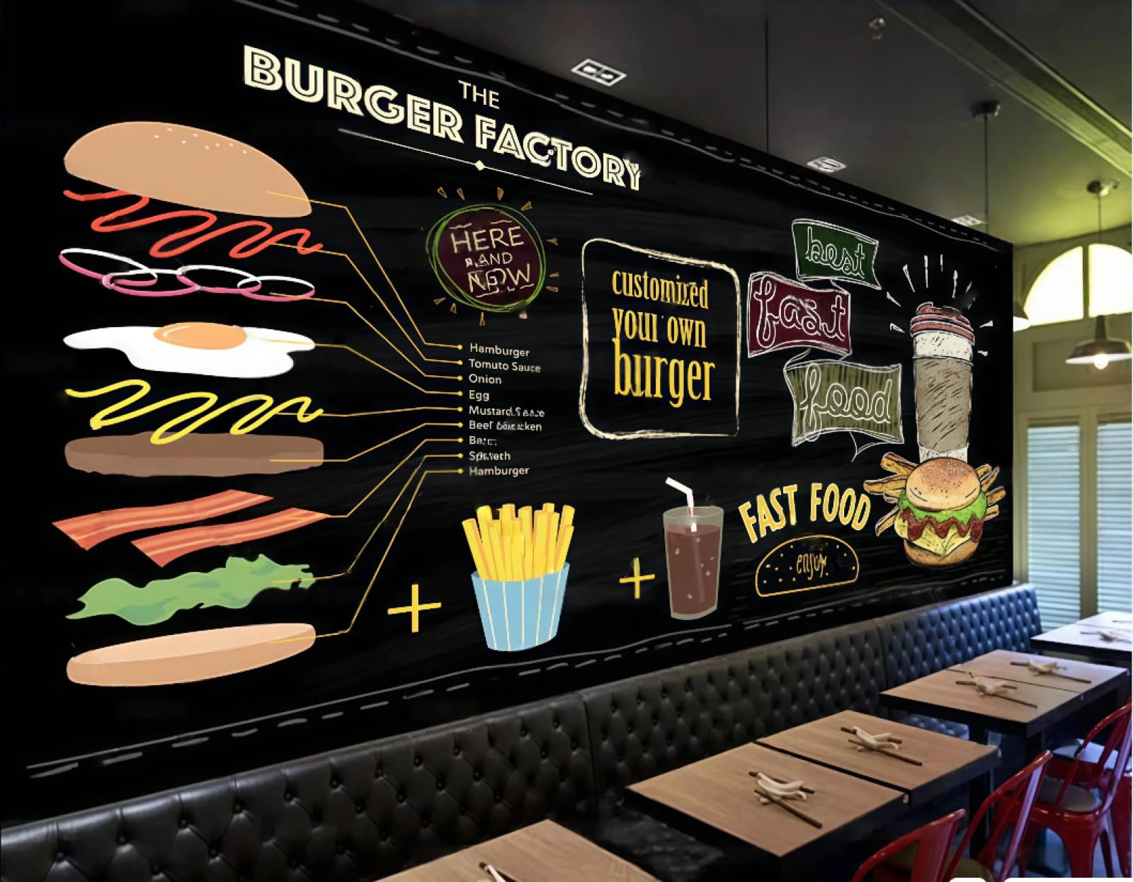 XDOUBAO Wallpaper Blackboard Hand-Painted Burger Fast Food Snack Bar Theme Afternoon Tea Western Restaurant Background Wall Wallpaper Coffee Shop Mural,3D,300x210cm