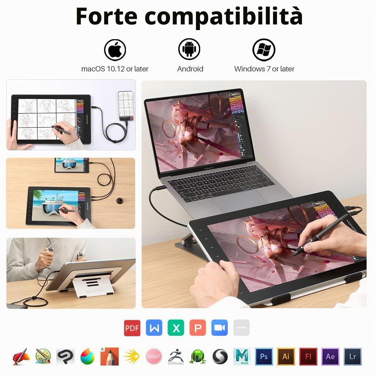 GAOMON Tavoletta grafica PD1610 supporta Windows 7.0 /macOS10.12/Android 6.0（USB3.0 DP1.2）o versioni successive. Può funzionare con la maggior parte dei software grafici come Adobe Photoshop