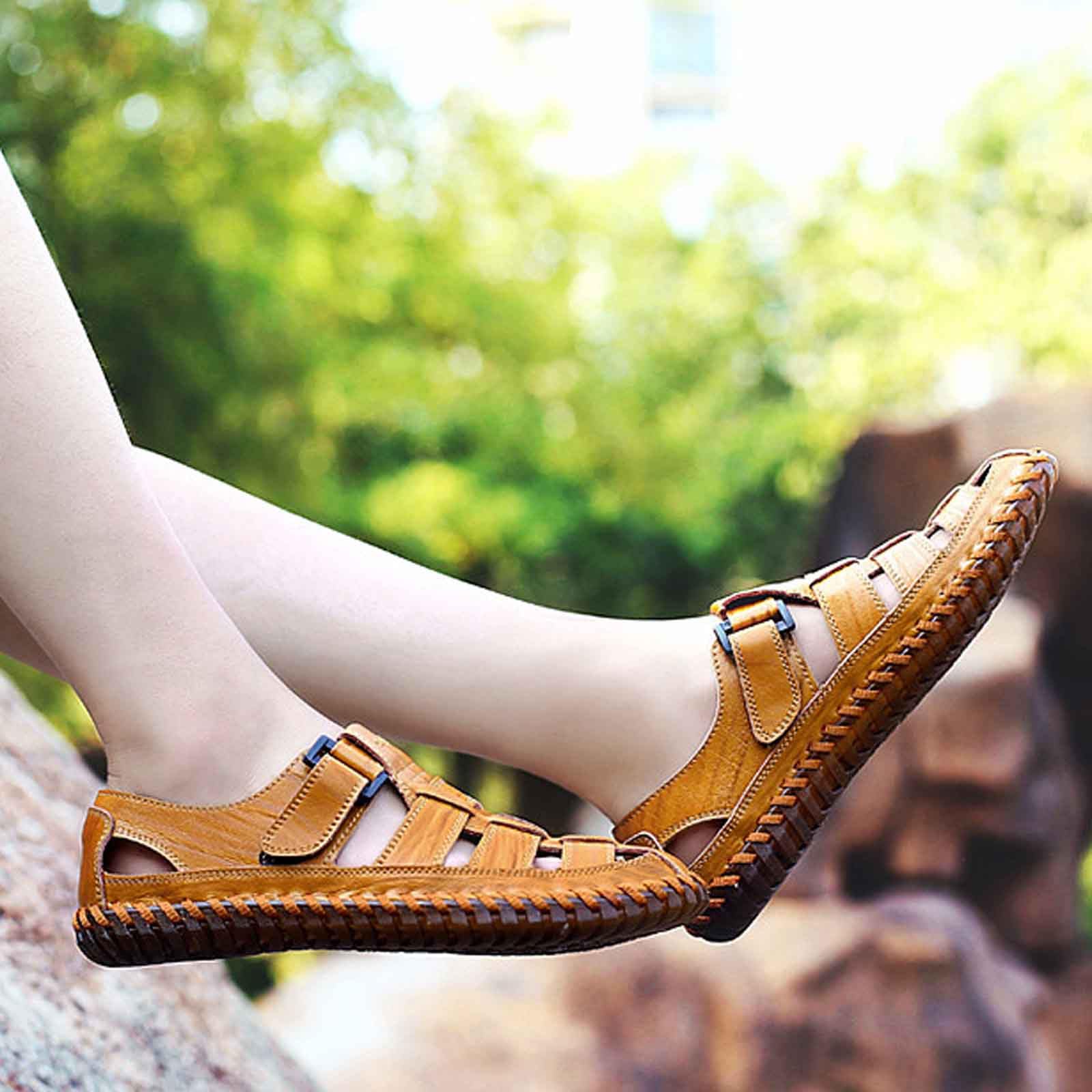 Sandalias Playa Hombre Suela de Goma Cuero con Bandas Ajustables Senderismo Casual Chanclas Piscina Transpirable Zapas Calzado Sandalia Punta Reforzada Secado Rapido para