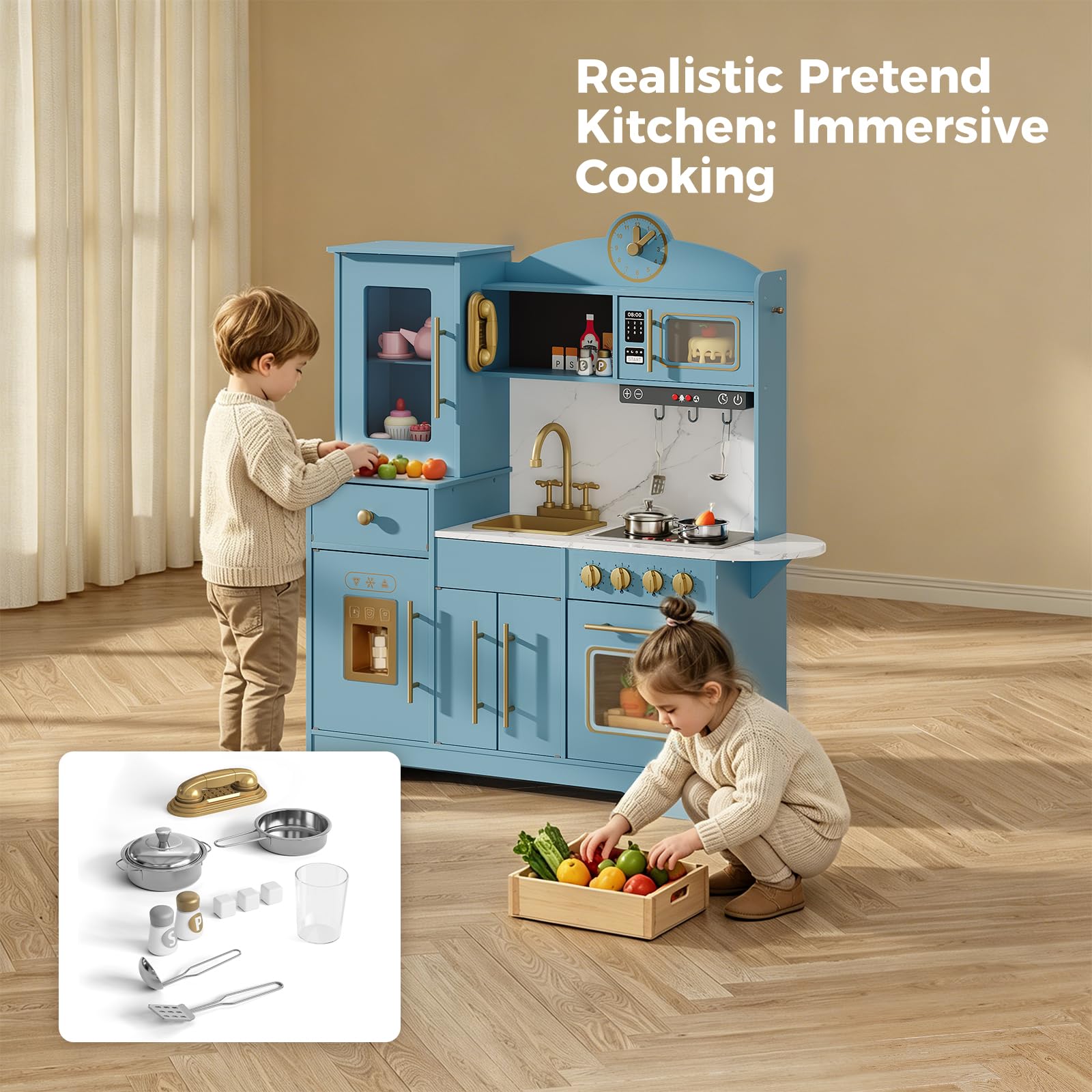 Cocina Juguete para Niños, Cocinita Infantil con Sonido Fogón Grifo Fregadero Microondas Reloj Máquina de Hielo y Accesorios de Cocina, Cocinita de Madera Infantil y 3 Años +, Educativo Imitación