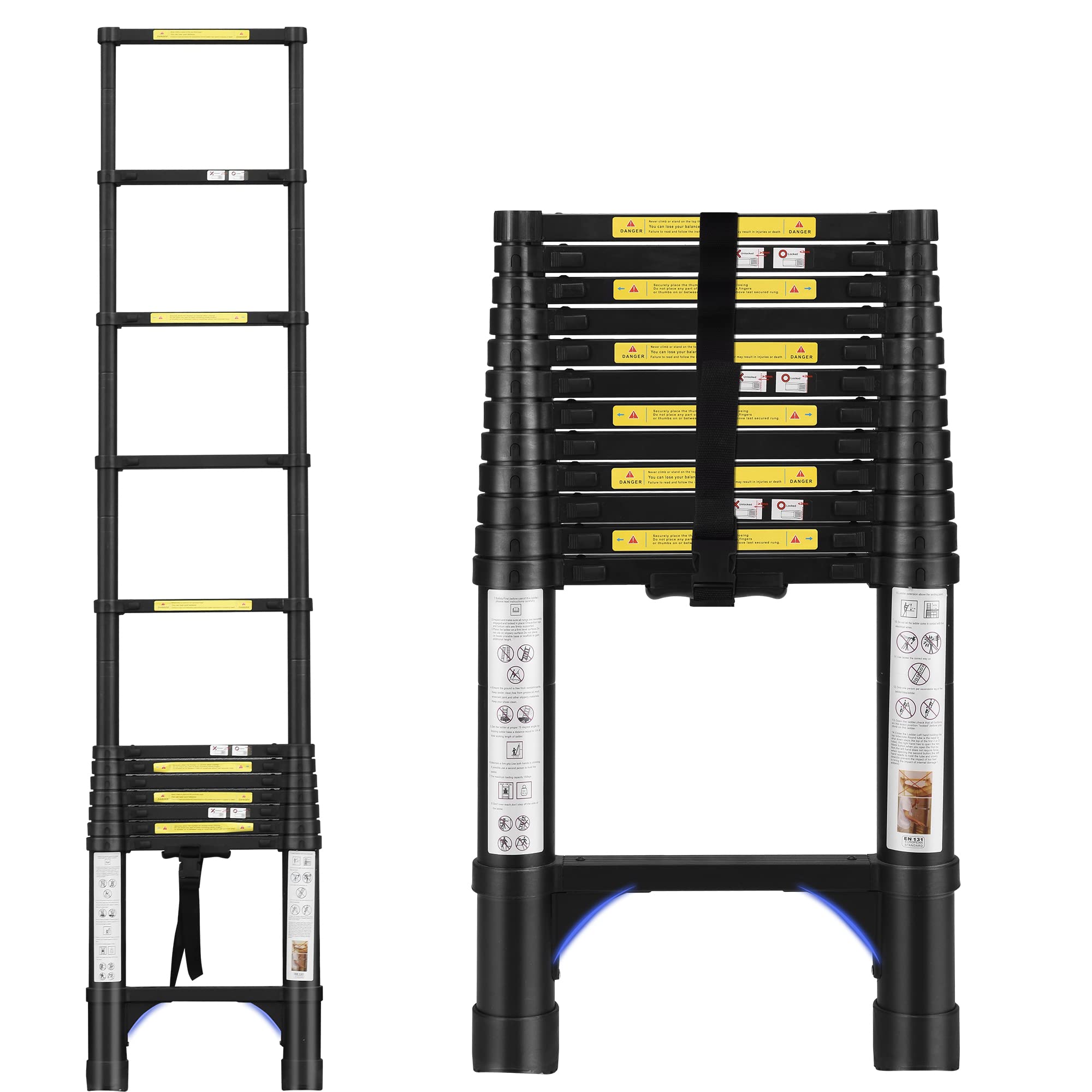 BOWEITI12.5FT Telescoping Ladder, Portable Aluminum Extension Ladder w/Stabilizers, Lightweight Compact Telescopic Ladder 330lbs Capacity, Extension Ladder for Home, Outdoor (12.5FT,Black)