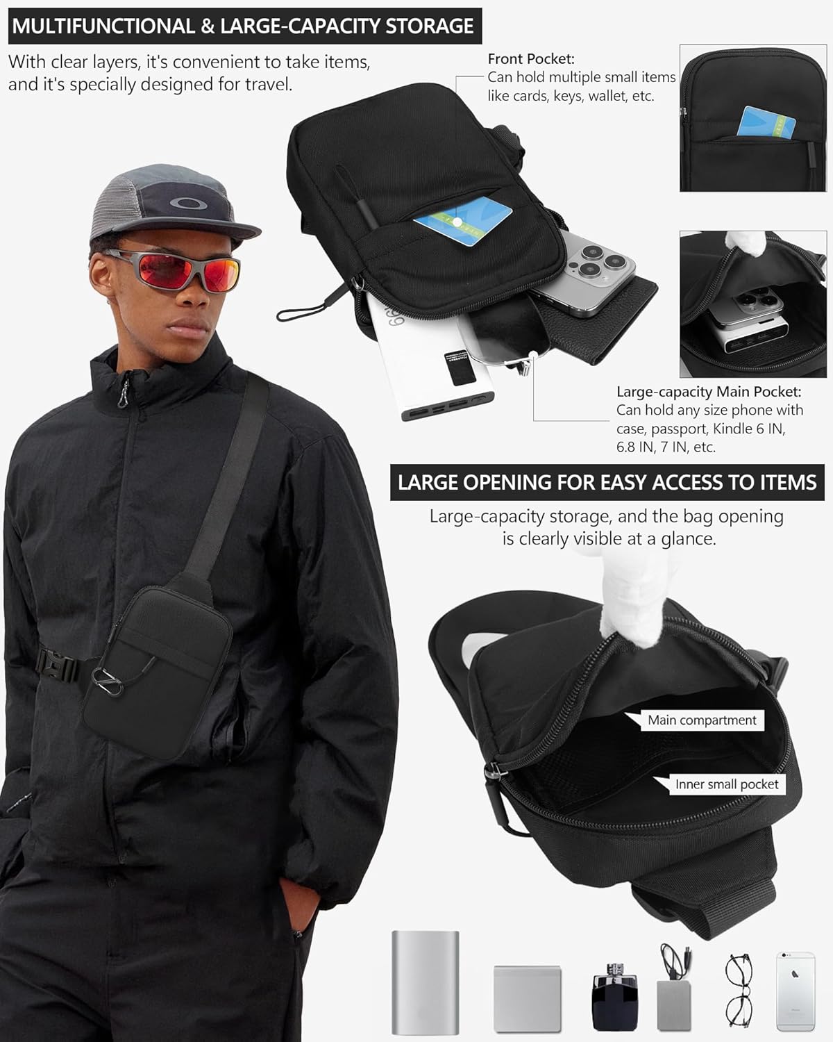 Peicees Small Anti-theft Sling Bag for Men Women Waterproof Mini Crossbody Backpack Chest Bag Travel Passport Phone Holder, Black - Image 4