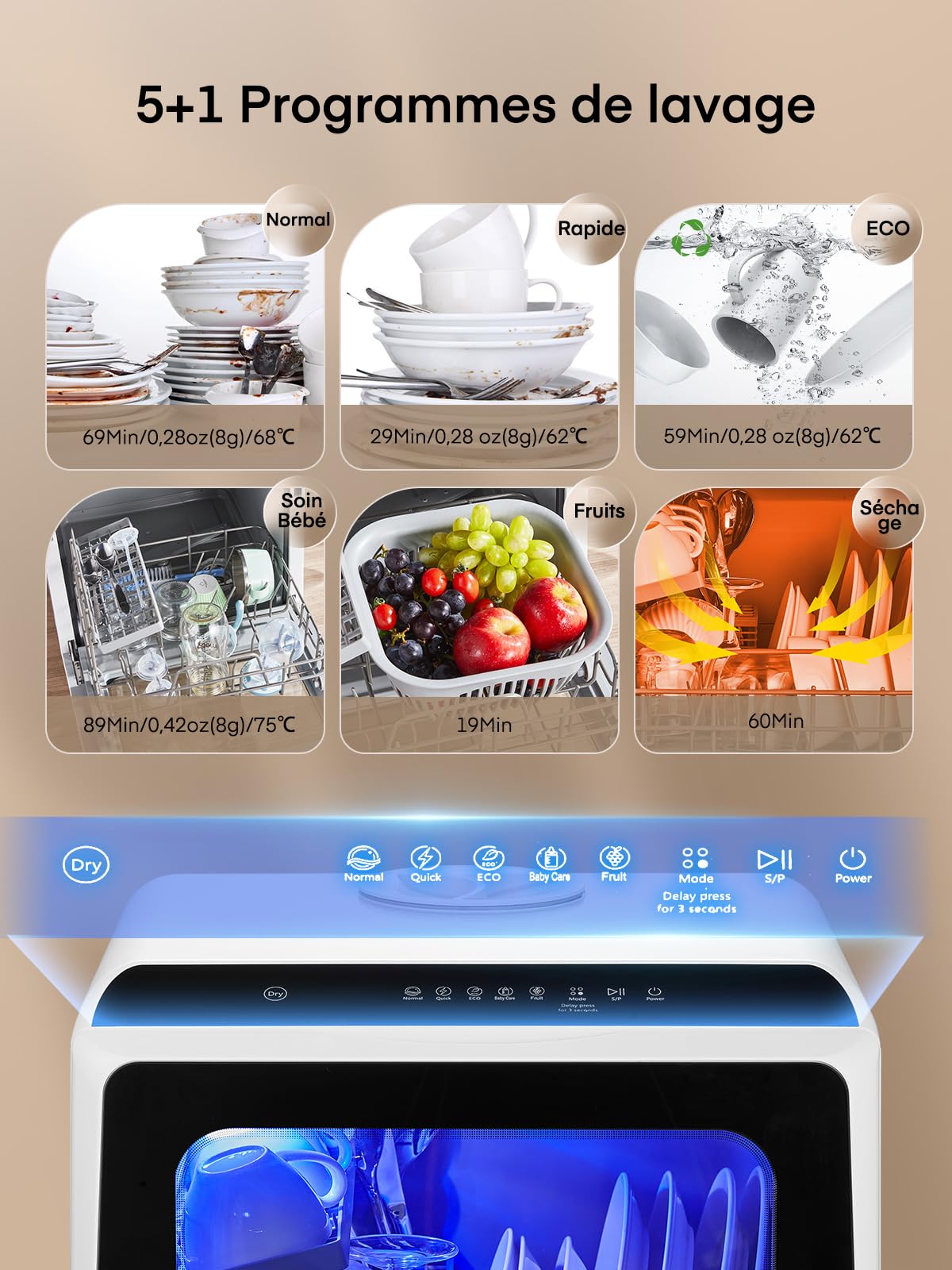 Mini Lave Vaisselle 5+1 Programmes Réservoir d'Eau 5L Contrôle Tactile Écran LED