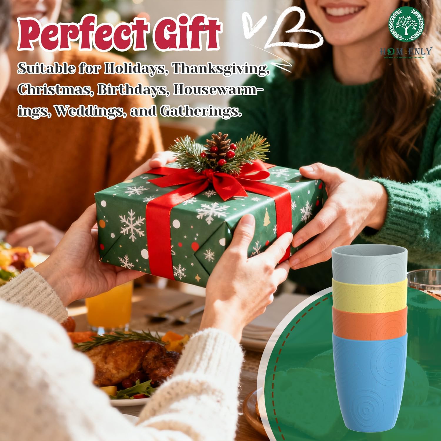 Homienly Drinking Glasses & Shatterproof Cups Set of 4 | Premium Wheat Straw, Non-Toxic Reusable Plastic Cups | Dishwasher & Microwave Safe for Beach, Camping... (12 oz, Beach Color) - Image 8