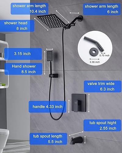 Miniatura 5 de Juego de grifo de ducha doble negro mate con cabezal de ducha de mano y lluvia de 8 pulgadas, brazo de ducha de extensión ajustable, boquilla de
