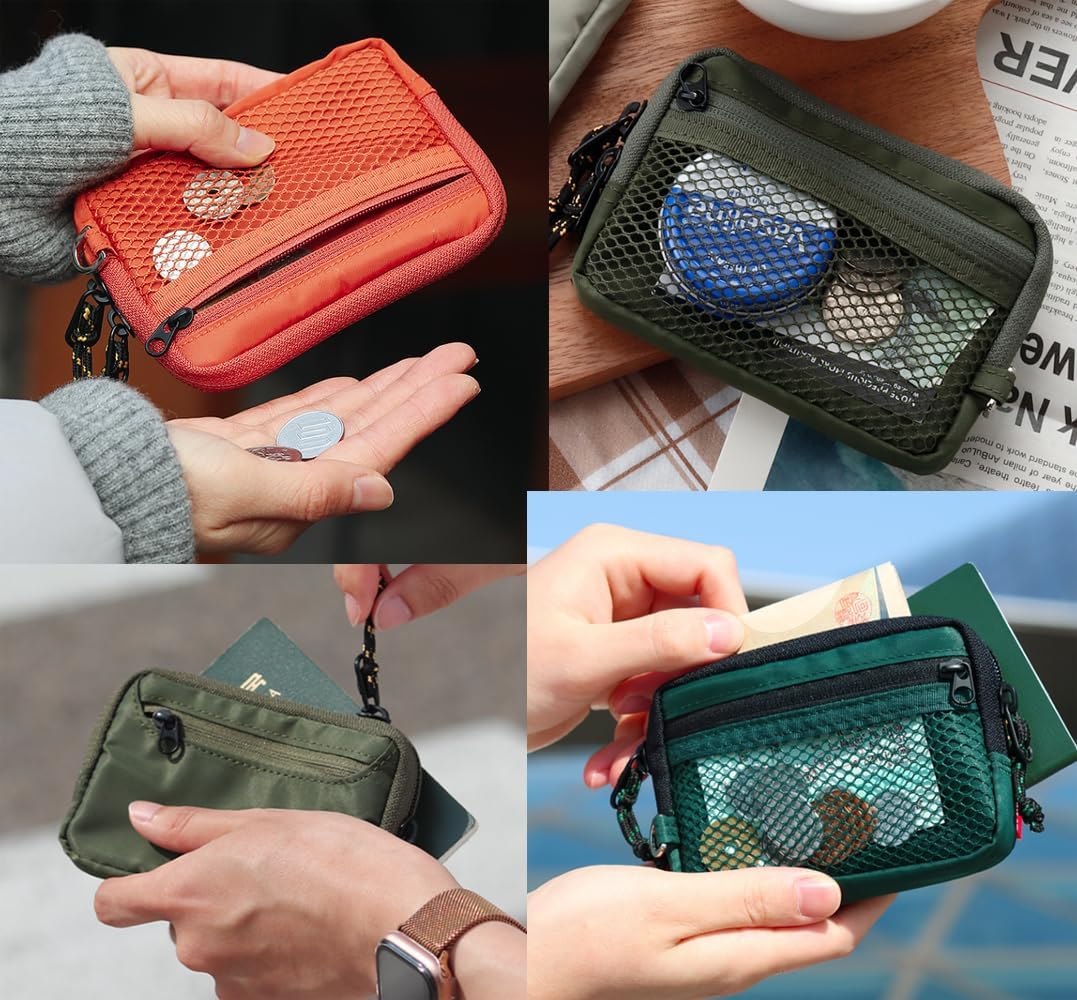 Travel Wallet Pouch w Zipper Slim Lightweight BIll Coin Card Organizer Purse Water Resistant Multiple Compartments Mesh Pocket D-Ring Loop (Khaki)