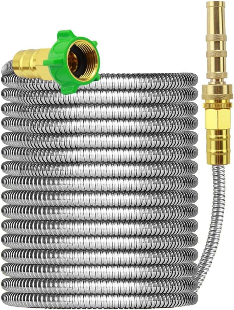 Metal Water Hose100ft,304 Stainless Steel Expandable Garden Hose 100ft with Copper Bullet Hose Nozzle,Copper Bullet Hose Corrosion-Resistant Outdoor Patio With 4 Function Nozzle(100FT）
