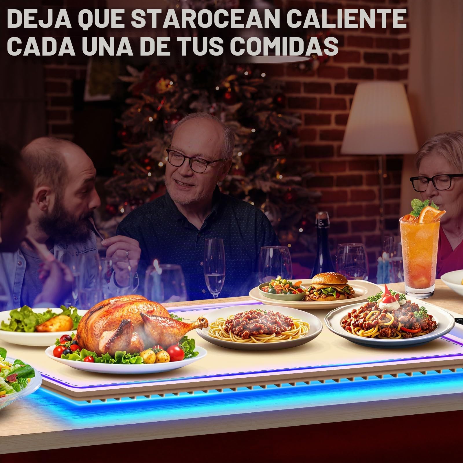 KingSom Bandeja de Calentamiento Eléctrico con Luces, Bandeja Calentador Silicona Plegable, Temperatura Regulable 50-100℃ & 6 Temporizadores, Calienta Platos Electrico Buffet, Calentador de Platos