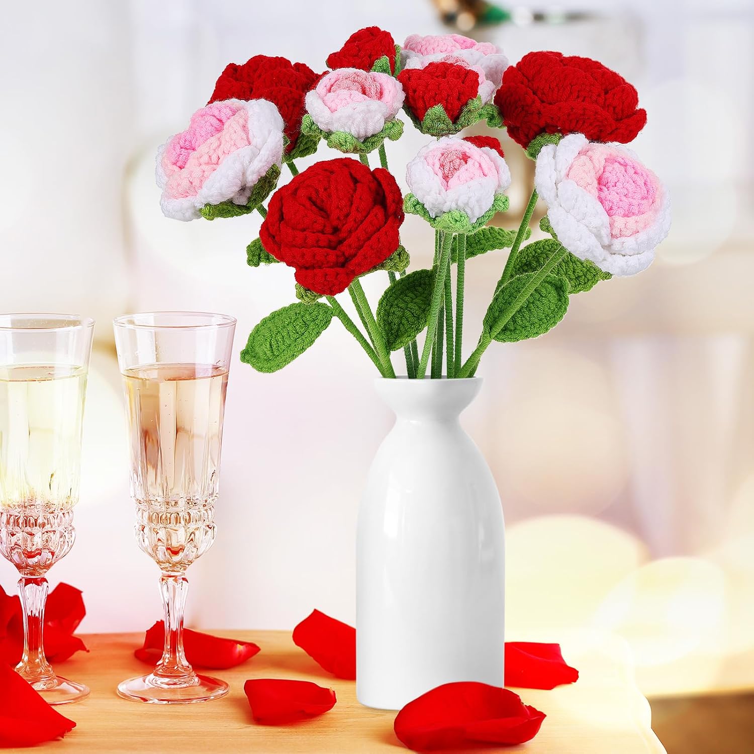 YoungJoy 12 Pcs Crochet Rose Handmade Knitted Flowers Tulip Sunflower Daisy Heart Artificial Knitted Floral Mother Day Graduation Home Decor(Mixed Red Pink Rose) - Image 3