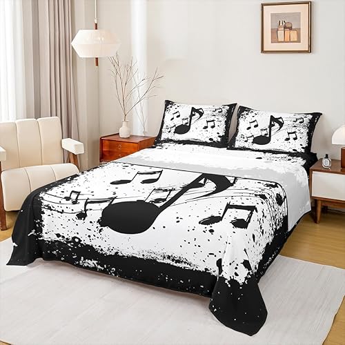 Miniatura 28 de Erosebridal Juego de sábanas con temática musical de música rock, tamaño Queen, juego de sábanas con estampado de notas musicales, juego de sábanas