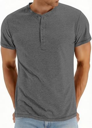 Mens Henley Short Sleeve Shirts Casual T-Shirts Button Top Summer Soild Basic Tee