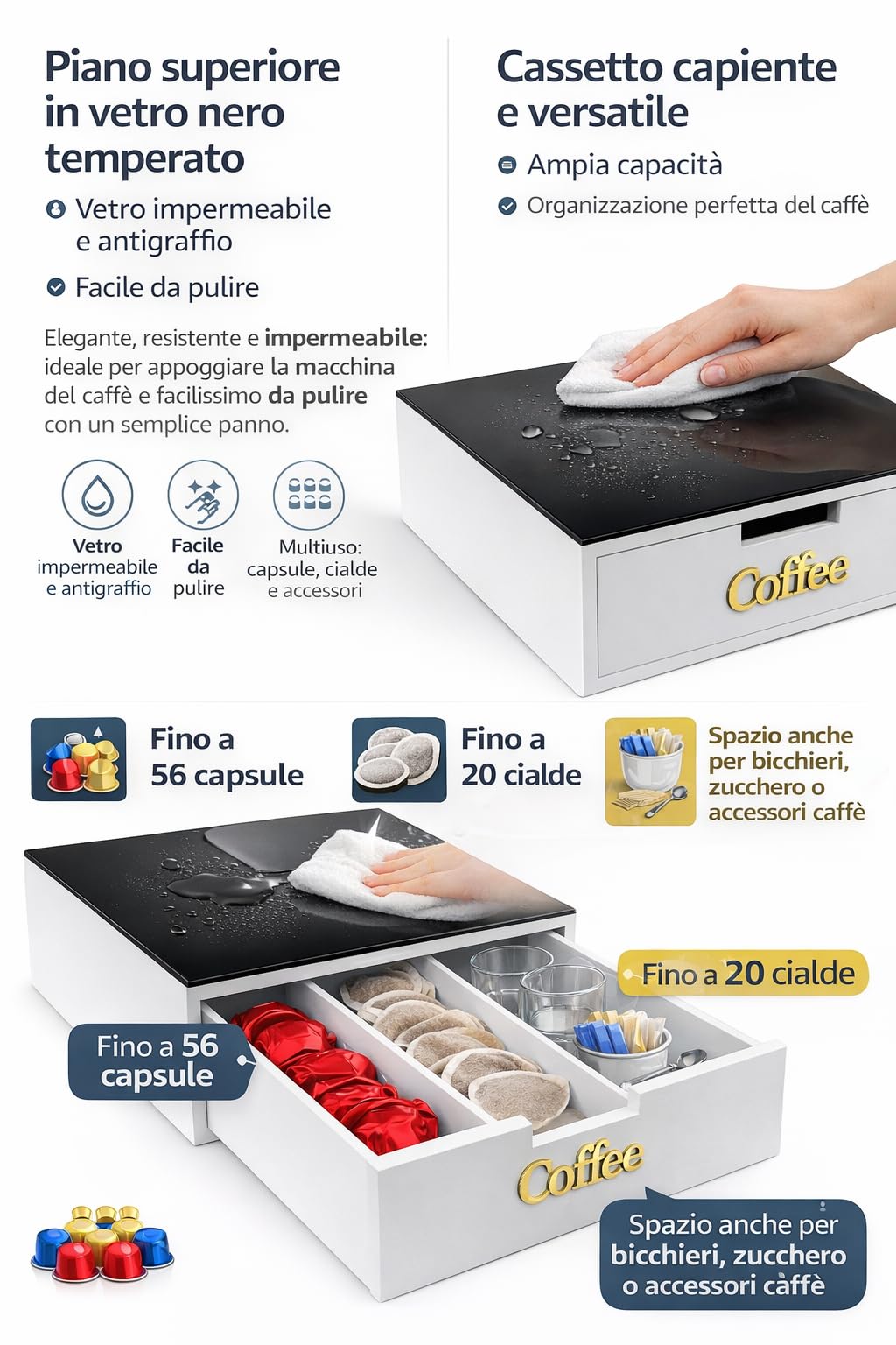 Porta Capsule e Cialde Caffè in Bambù e Vetro Nero – Cassetto 3 Scomparti Organizer Capsule e Cialde (scritta nera)