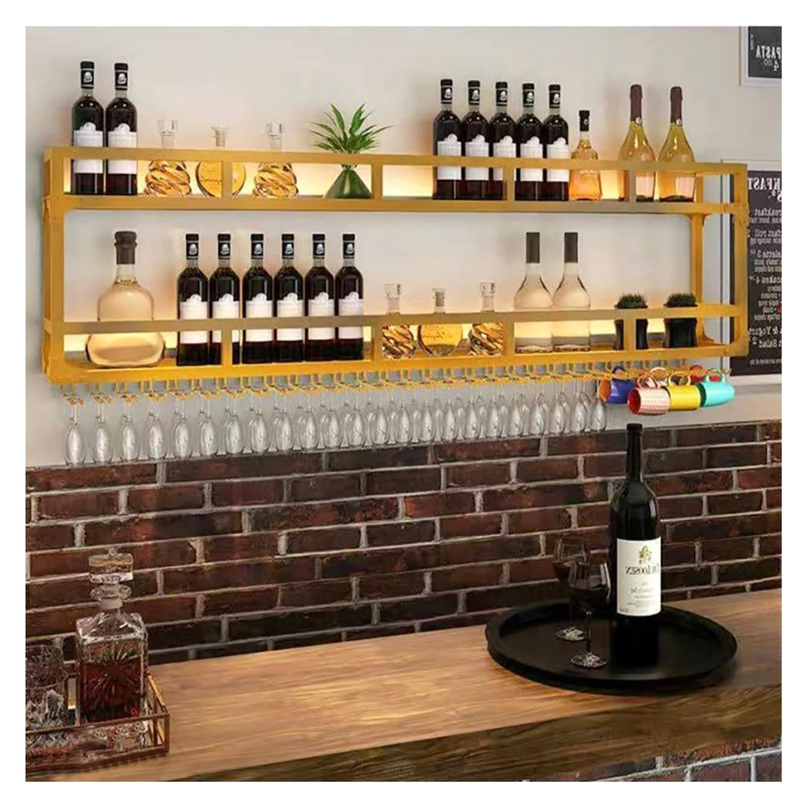 Armoire à vin murale élégante en métal doré avec étagère pour bouteilles