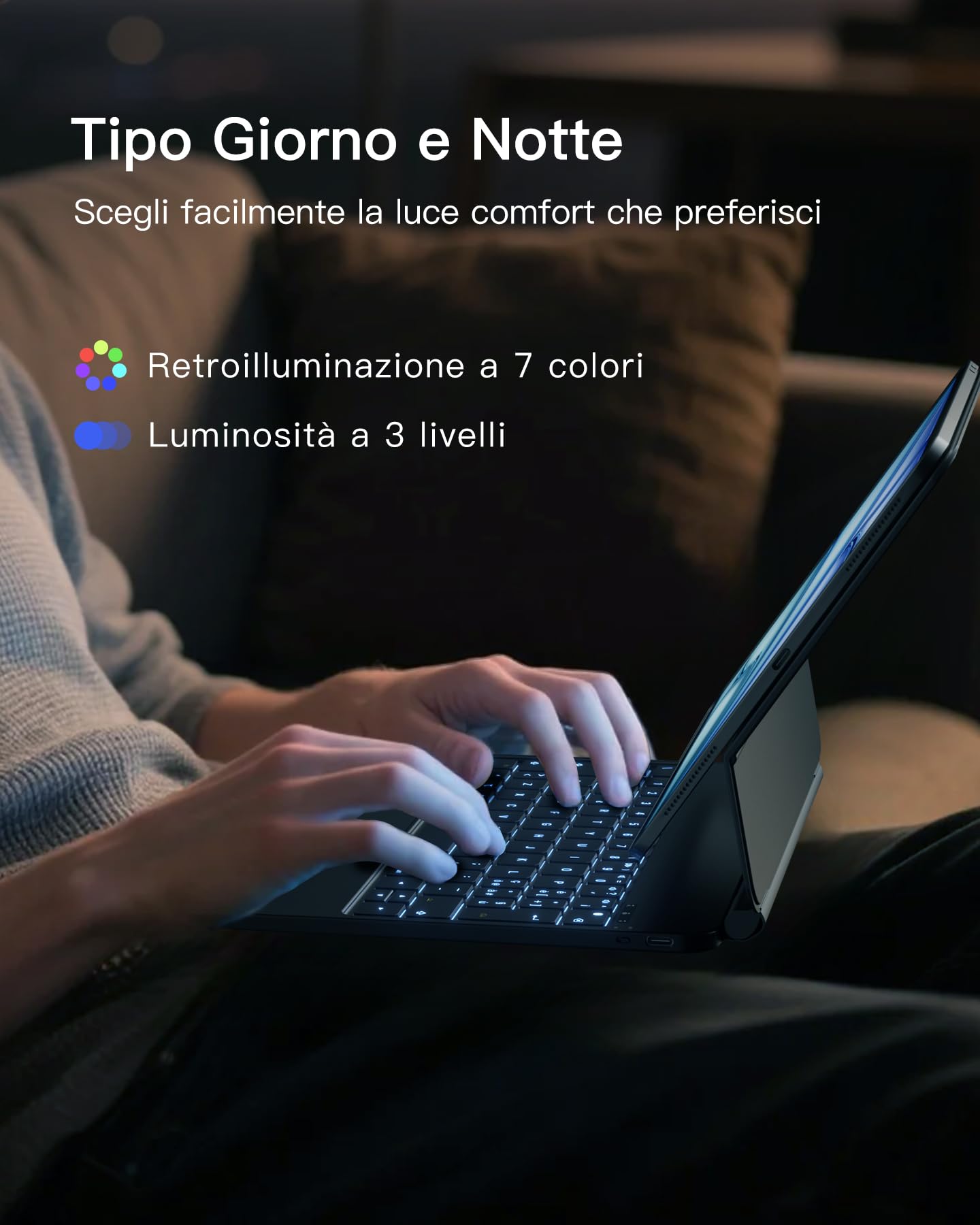 Inateck Custodia con Tastiera Magnetica Easy-Set per iPad Air 11'' 2024 M2, Air 6/5/4 Gen, iPad Pro 11 4a/3a/2a/1a Gen, Supporto a Sbalzo Galleggiante, Retroilluminazione a 7 Colori Trackpad, KB09119