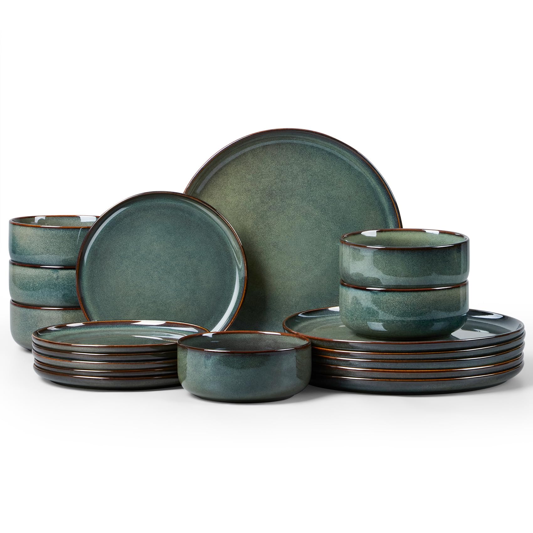 Homikit 18 Piece Dinner Set, Kitchen Stoneware Dinnerware Sets for 6 People, Included 6X Dinner Plates, 6X Side Plates and 6X Bowls, Non-Scratch, Dishwasher & Microwave Safe, Blackish Green