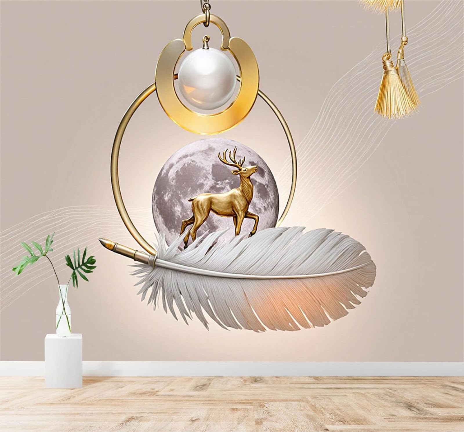 Xlming 430Cm×300Cm(B×H) Golden Deer Feathers Full Moon Art Metallic Style 3D Wallpaper Premium Textured Silk Study Dining Living Room Bedroom Sofa Tv Wall Easy Install-430Cm×300Cm