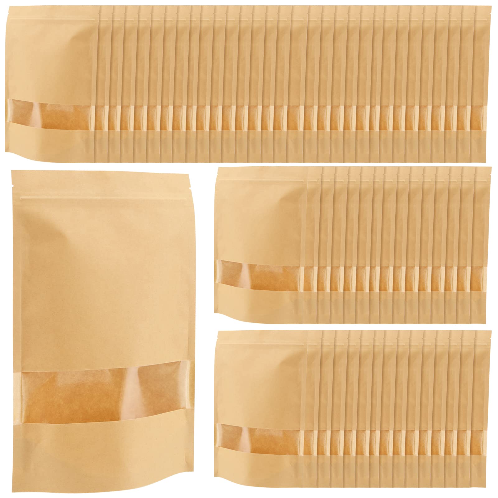 NINGWAAN 200 Pack 7 x 10 Inch Kraft Stand Up Pouch Bags, Kraft Paper Ziplock Bags with Clear Window and Tear Notch, Kraft Resealable Bags Stand Up