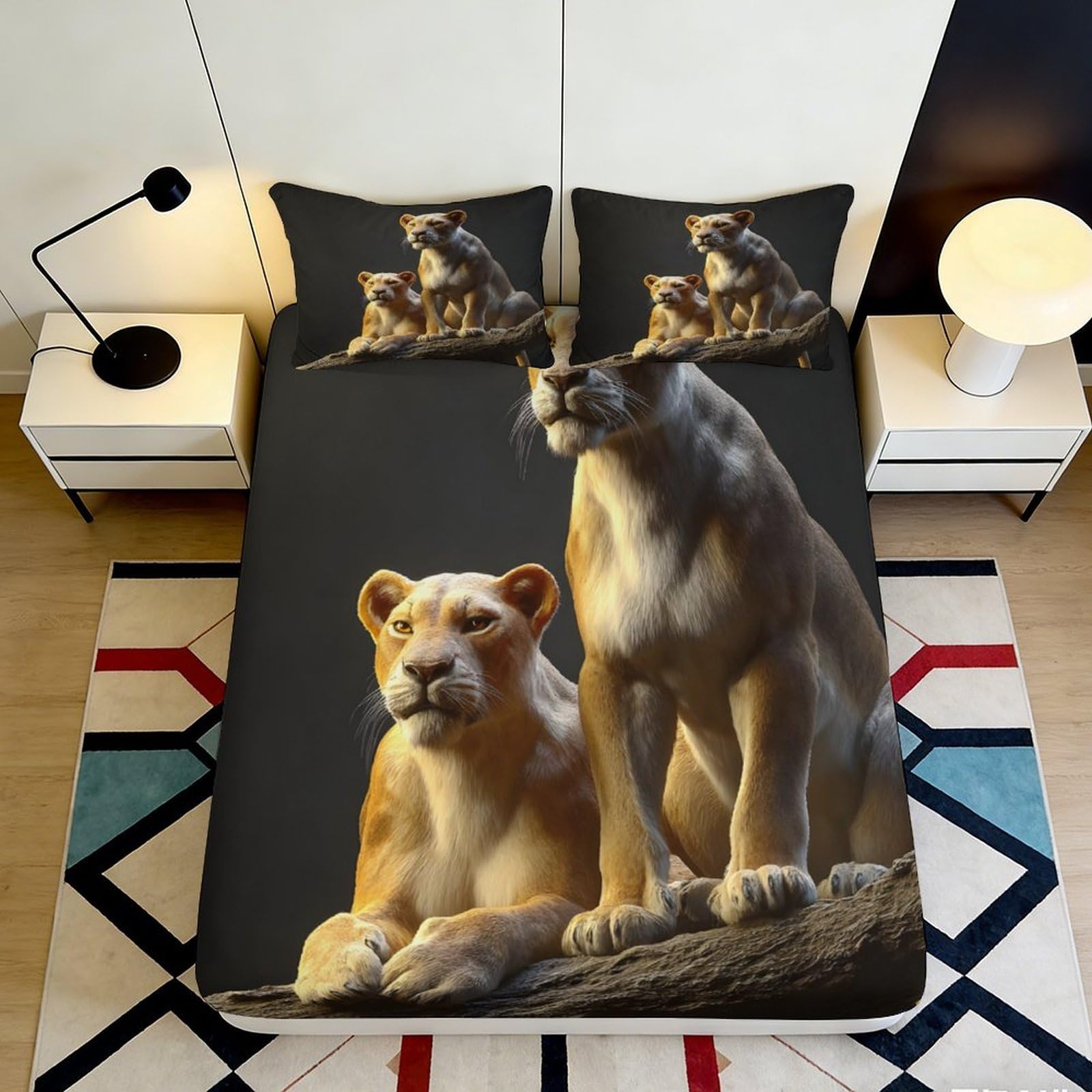 3D Printed Lion Couple Fitted Sheet Microfiber Soft Anti-Slip Bed Sheet for Bedroom Dorm Mattress Decoration 90x200x25cm