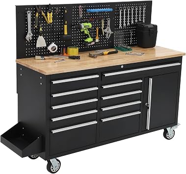 IDEALHOUSE 61-inch Rolling Tool Chest, 10 Drawers Garage Workbench Storage Tool Cabinet with Power Strip, Solid Rubber Wood Top, 1675 LBS Load Mobile Workstation, Heavy Duty Rolling Cabinet, Black