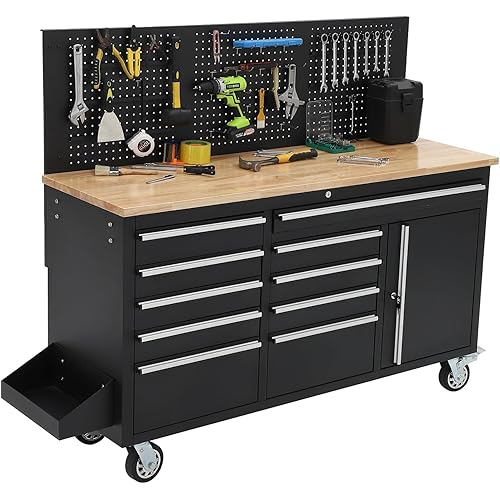 61-inch Rolling Tool Chest, 10 Drawers Garage Workbench Storage Tool Cabinet with Power Strip, Solid Rubber Wood Top, 1675 LBS Load Mobile Workstation, Heavy Duty Rolling Cabinet