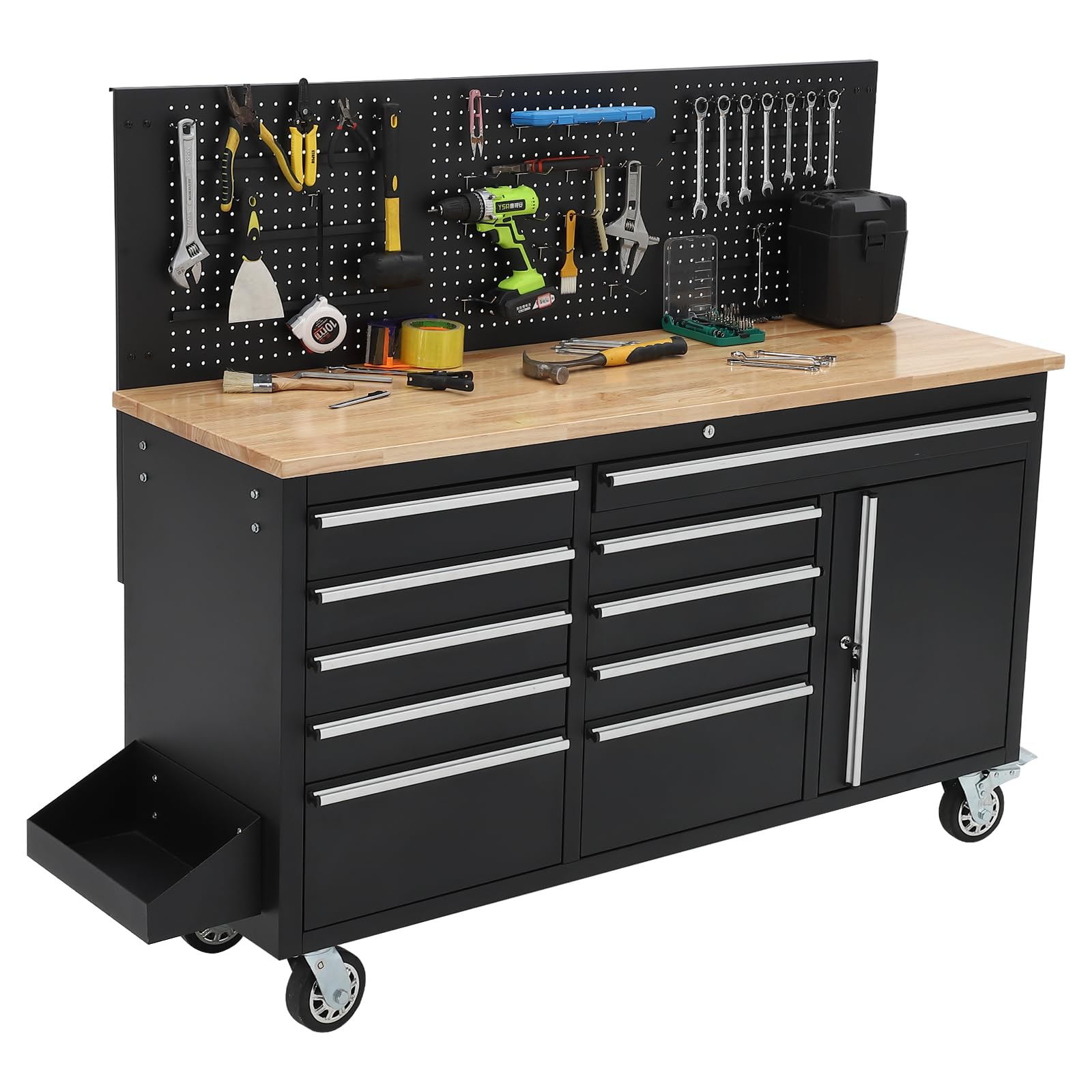 IDEALHOUSE 61-inch Rolling Tool Chest, 10 Drawers Garage Workbench Storage Tool Cabinet with Power Strip, Solid Rubber Wood Top, 1675 LBS Load Mobile