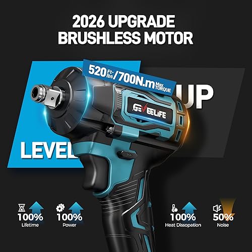 Miniatura 2 de GEVEELIFE Llave de impacto de 520 pies de libras (700 N.m) sin escobillas, pistola de impacto de 1/2 con batería de 2 x 4.0 Ah, llave de impacto