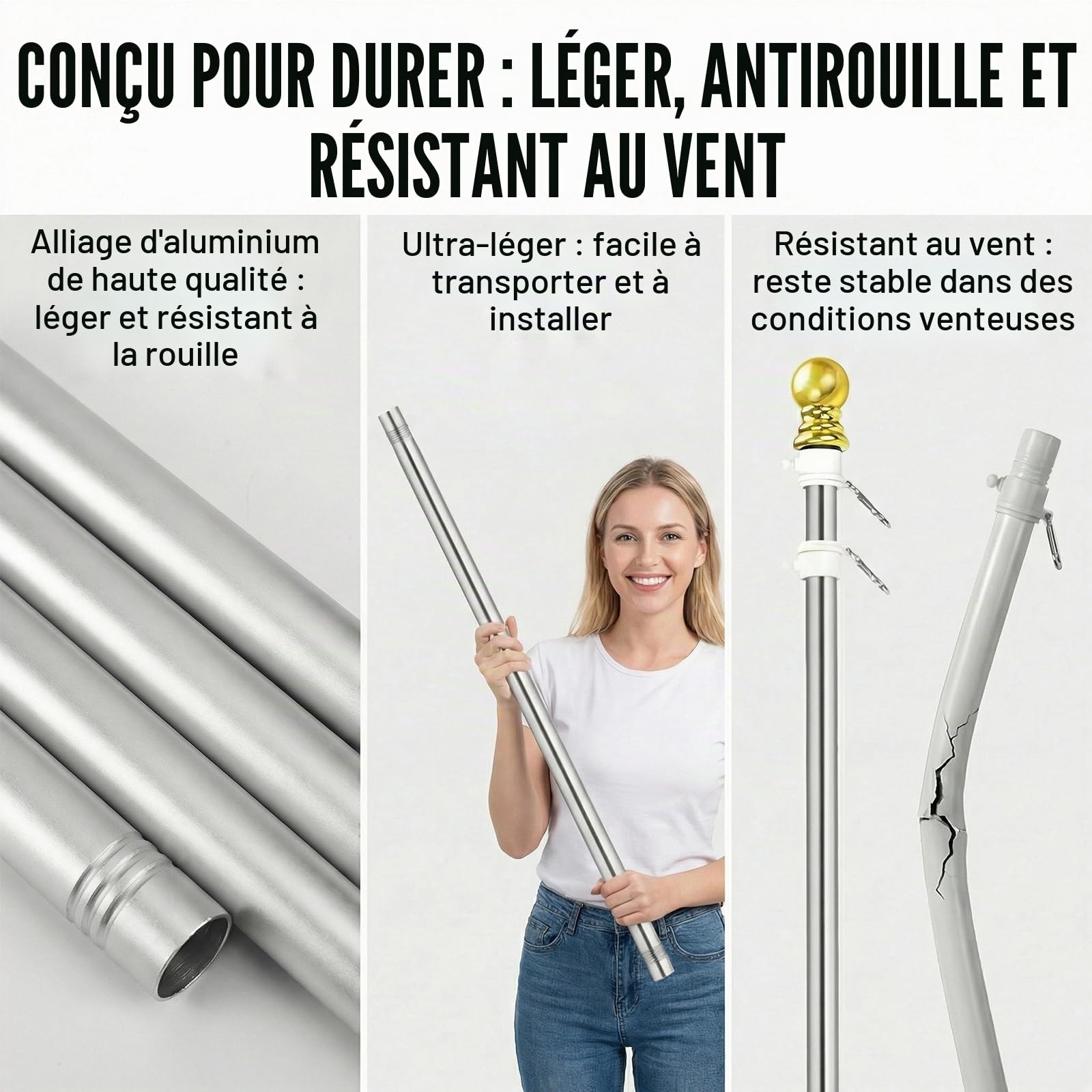 BORDEAG Mât de drapeau stable 1,5 m, mât de drapeau en aluminium, mât de drapeau avec dispositif de hissage, pour véranda, extérieur