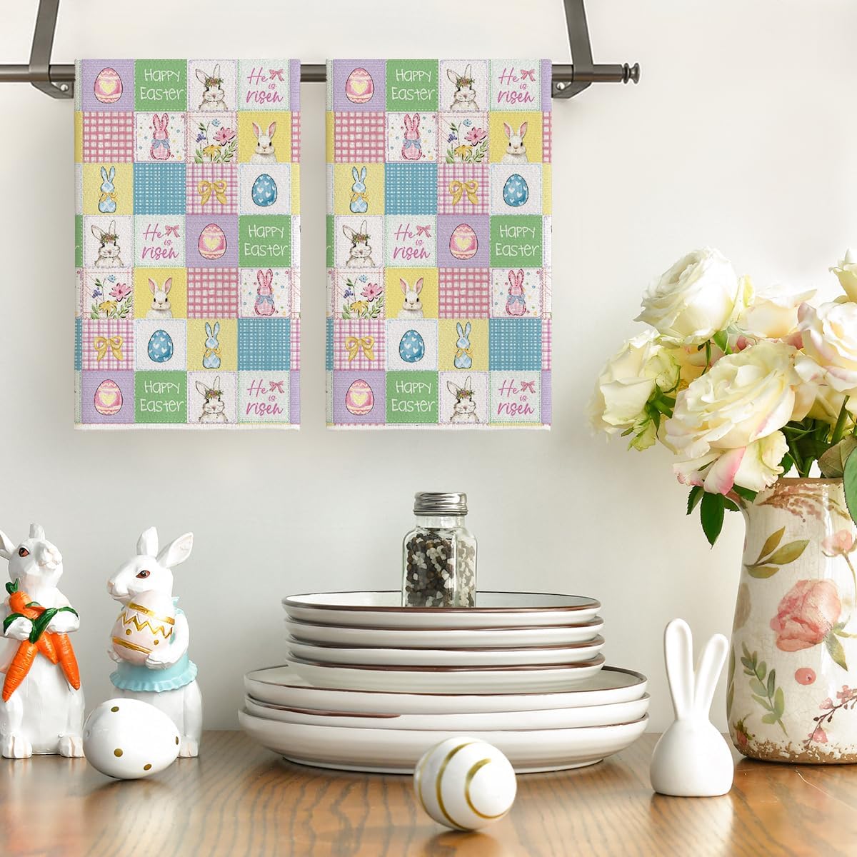 Artoid Mode Rabbit Bow Wreath Bunny Eggs Flower Happy Easter Spring Kitchen Towels Dish Towels, 18x26 Inch Farmhouse Summer Decoration Cleaning Set of 2