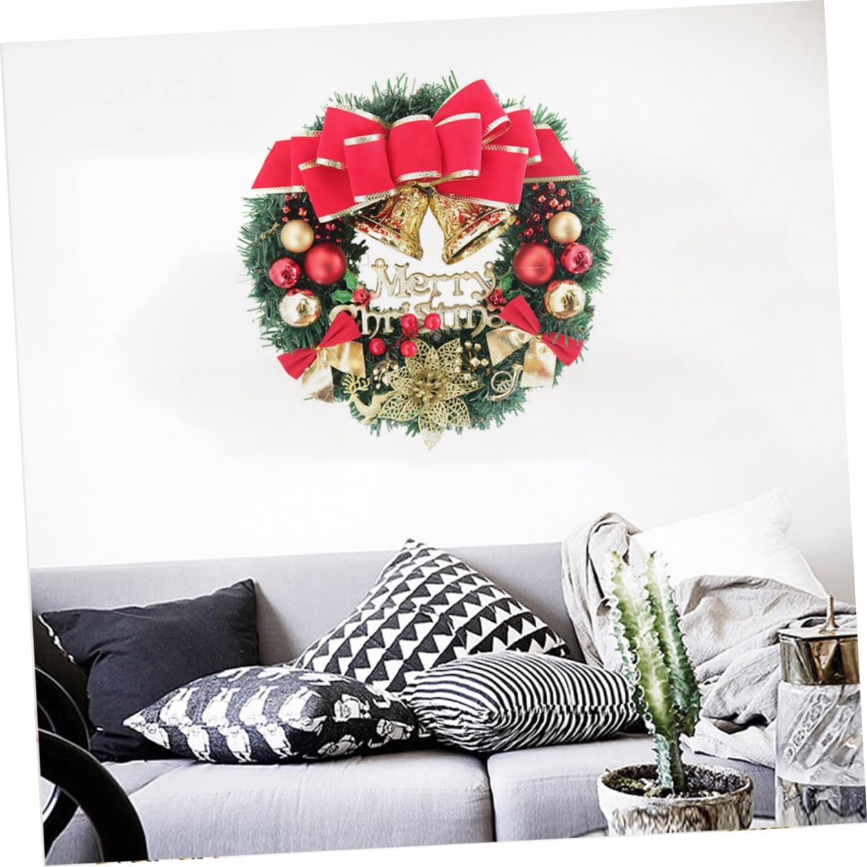 Christmas Door Wreath with Red Deer Design Classic Xmas Garland for Porch Entry Staircase Wall Decoration Elegant Holiday Home and Office Ornament