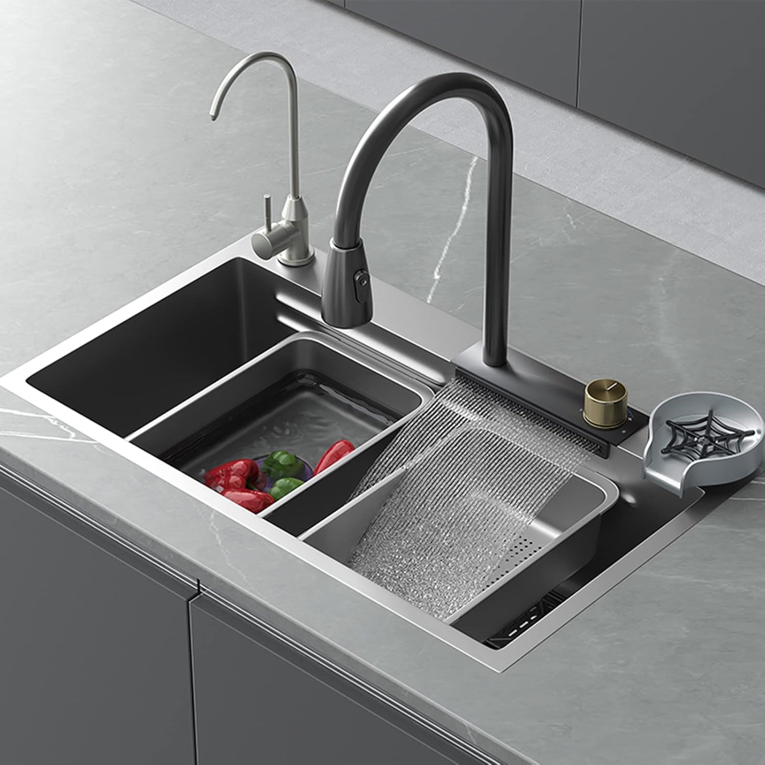 Grey Kitchen Sink, Flying Rain Waterfall Sink, Undermount or Builtin