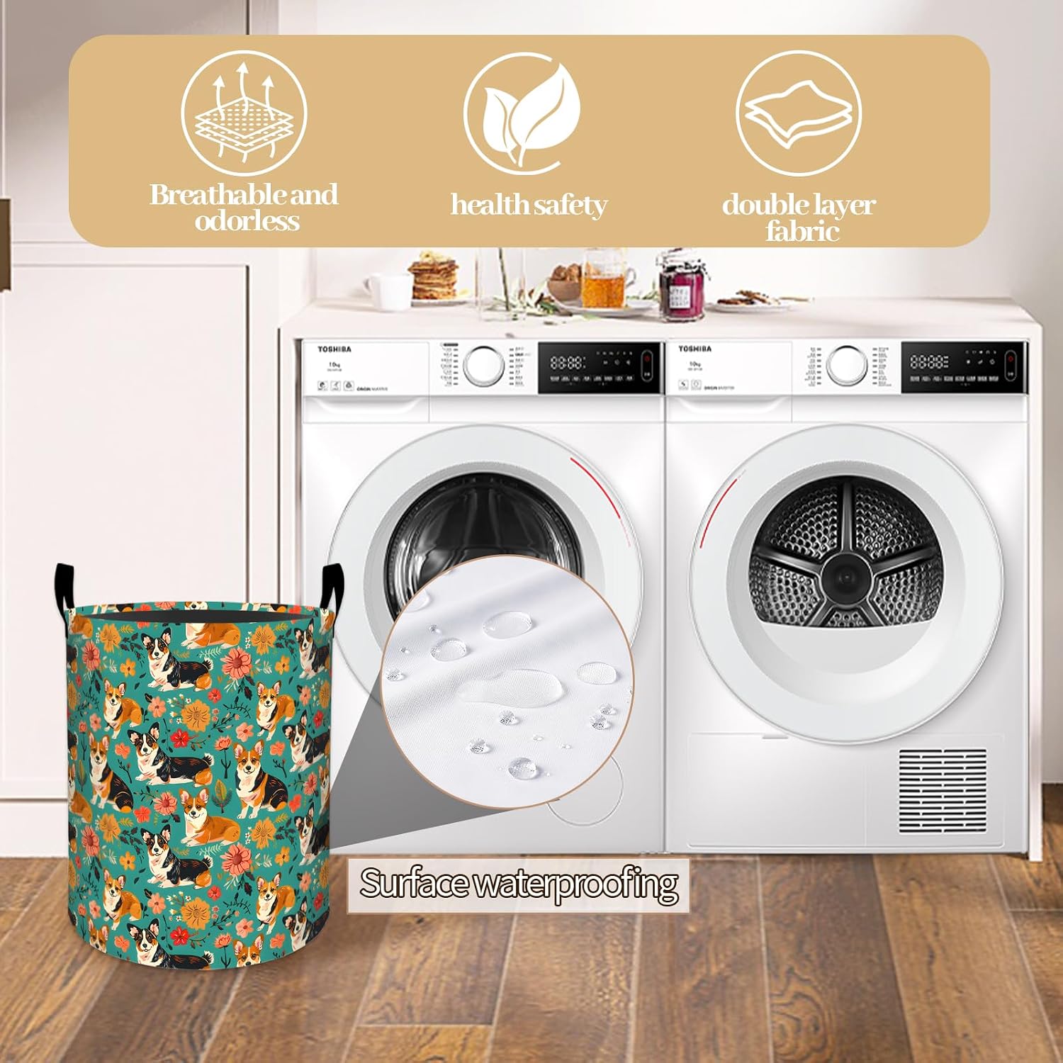 Cute Corgi Laundry Basket, Dorm Foldable Floral Dog Laundry Hamper Organizer for Bathroom Decor Bedroom, Clothes Pet Storage Box Gifts for Women Girls Kids 19.7x15.7 Inch image 4