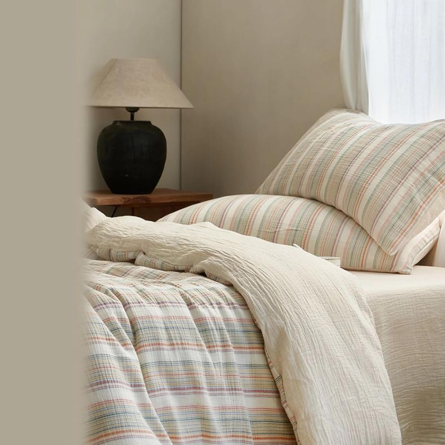 100% Cotton Muslin Duvet Cover King Size, Ultra Soft Breathable & Skin-Friendly Cotton Gauze for Hot Sleepers, Pastel Striped Pattern with Zipper Closure and Corner Ties (Beige, 104"x90")