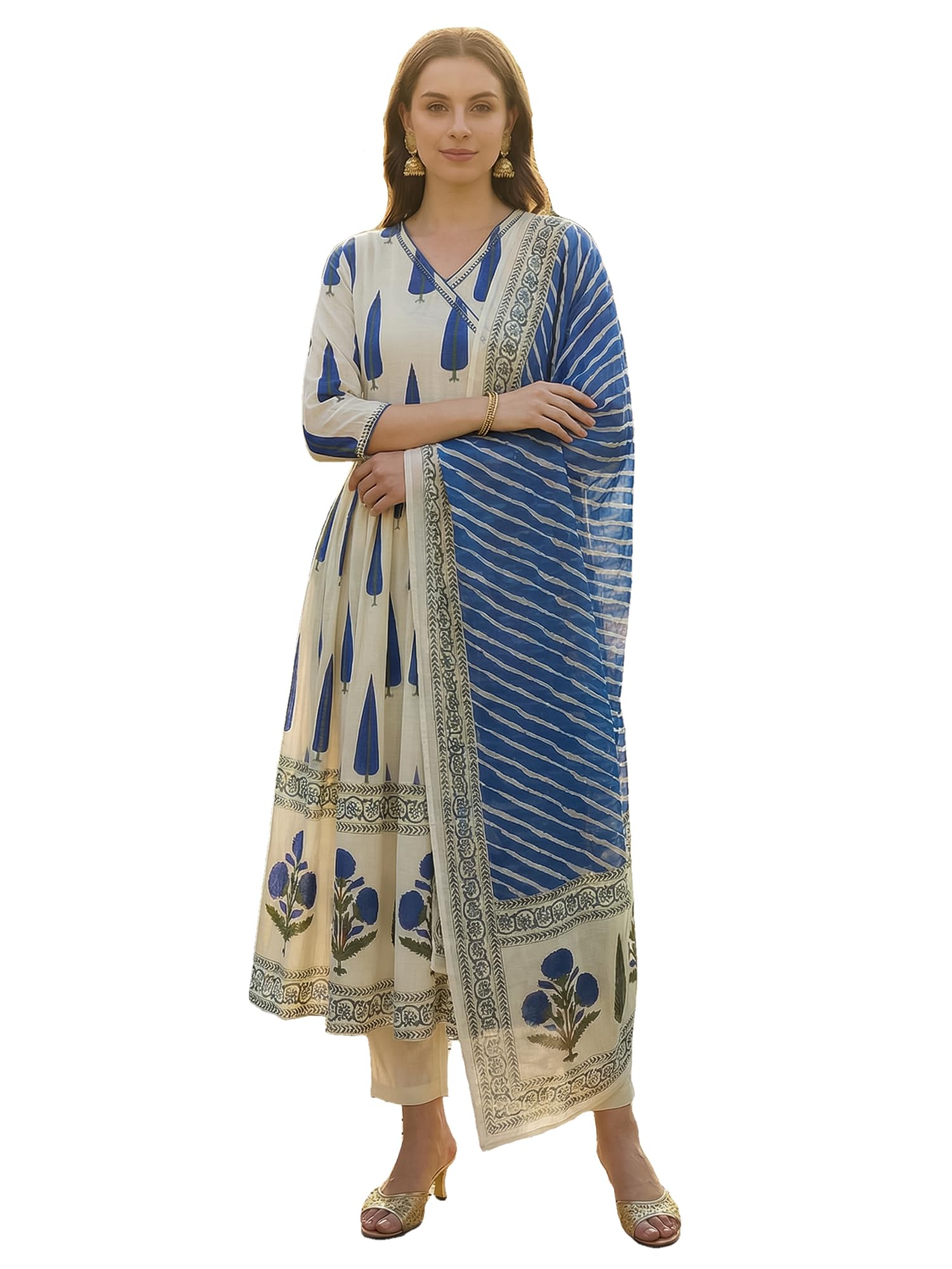 indo era Women's Pure Cotton Ethnic Motifs Printed Flared Calf Length Kurta & Pant with Dupatta Set (IEAI10638)-picture-12